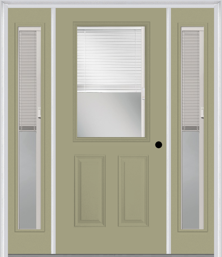 MMI 1/2 Lite 2 Panel Raise/Lower Blinds 3'0" X 6'8" Fiberglass Smooth Exterior Prehung Door With 2 Full Lite Glass Raise/Lower Blinds Sidelights 684 RLB 694 RLB
